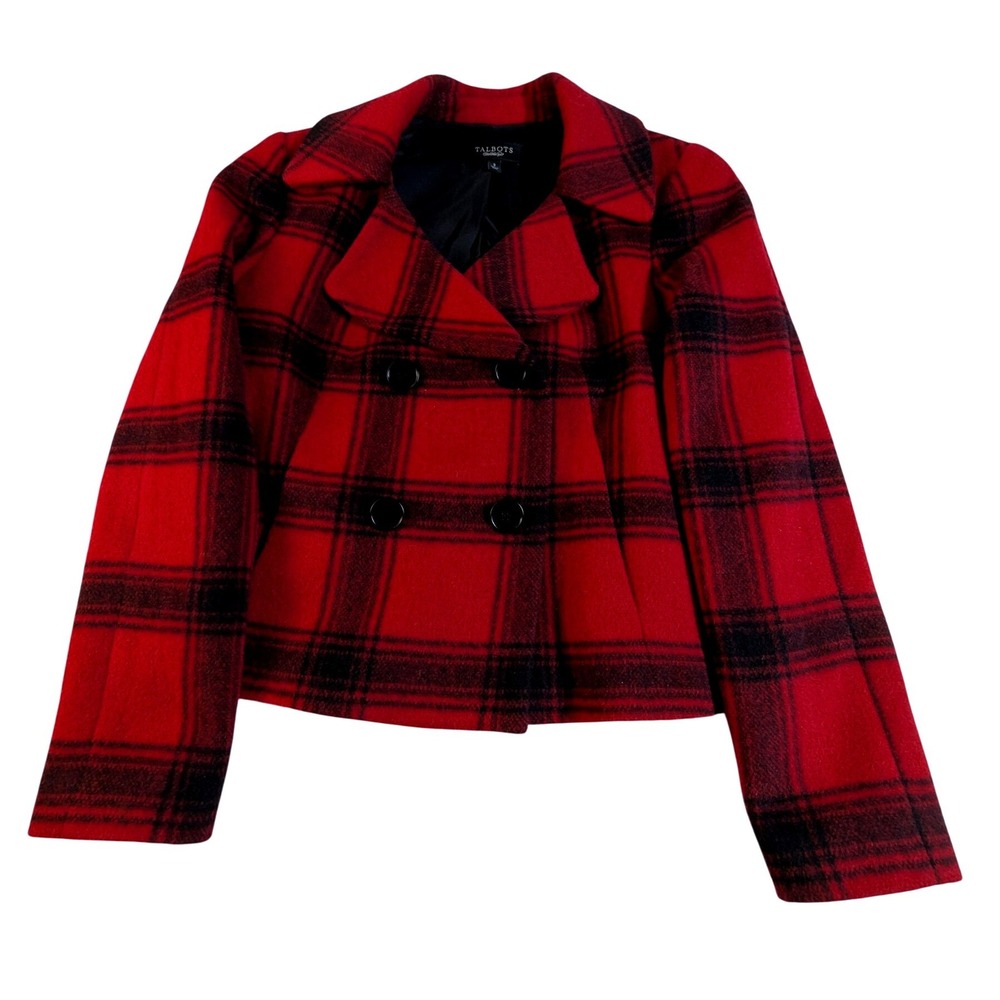 Talbots‎ Red Black Plaid Wool Alpaca Pea Coat Size 2 READ